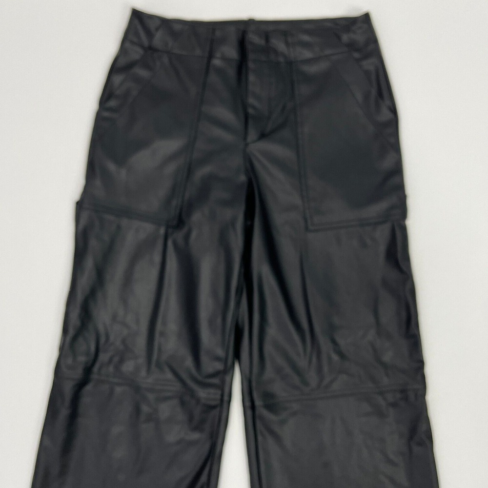 ZARA Black Carpenter Cargo Faux Leather Pants Vegan Straight Leg Size Small - Picture 2 of 15